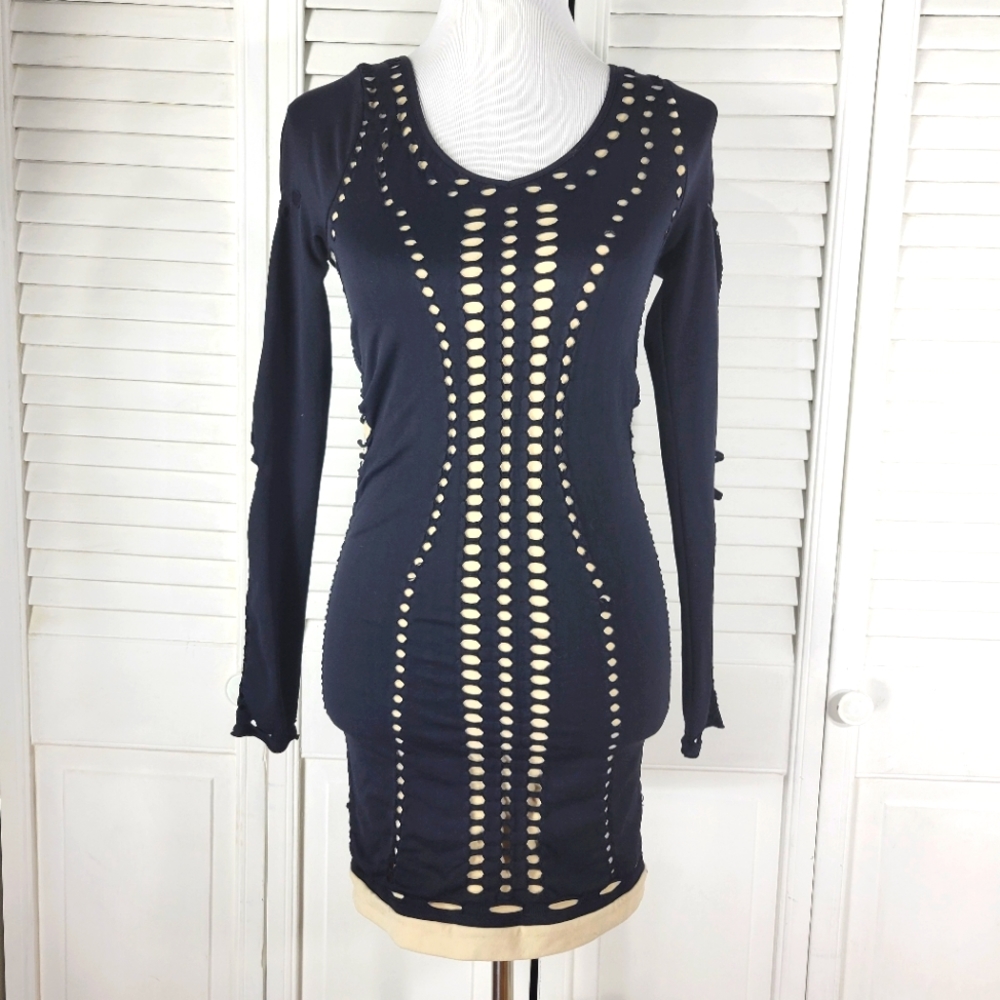 Bebe women M/L black cutout bandage long sleeve dress
